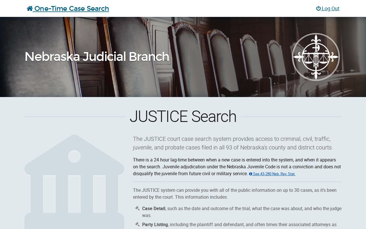 Blank Nebraska JUSTICE case search interface used for Seward County case research
