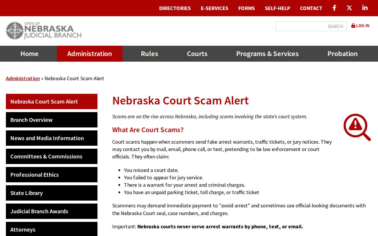 Nebraska Judicial Branch warning about fake warrant and payment demands