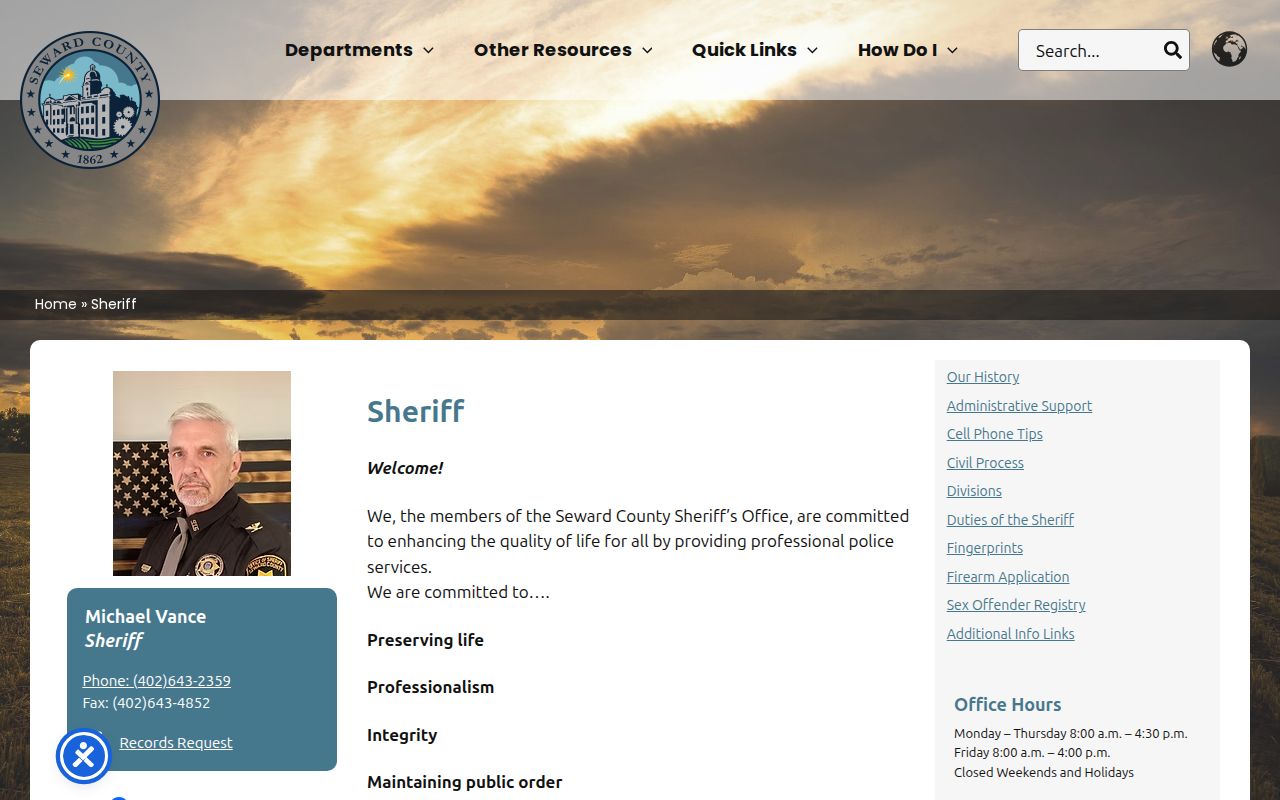 Seward County Sheriff records contact page at the Justice Center